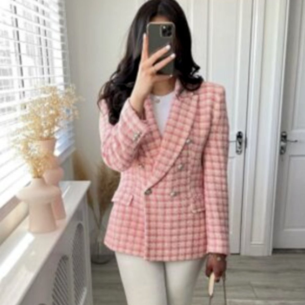 ZARA NEW WOMAN DOUBLE BREASTED TEXTURED WEAVE JACKET CHECK PINK 7553/147 S M